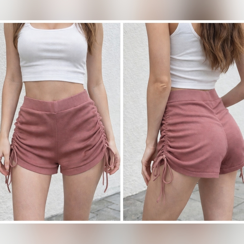 Ruched Side Drawstring High-Waist Women’s Shorts - Dusty Brown